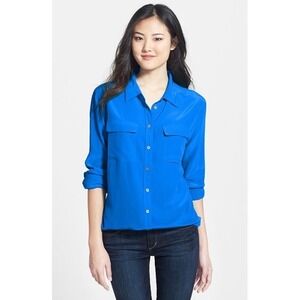 Two by Vince Camuto Blue 100% Silk Utility Button Down Long Sleeve Top Blouse PM
